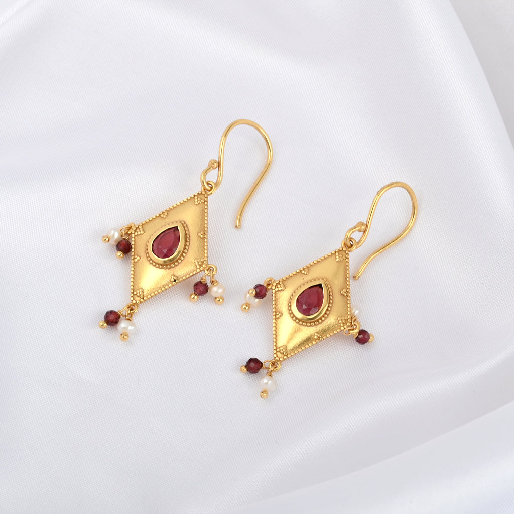 Traditional Gold Diamond-Shaped Earrings with Pink Stone