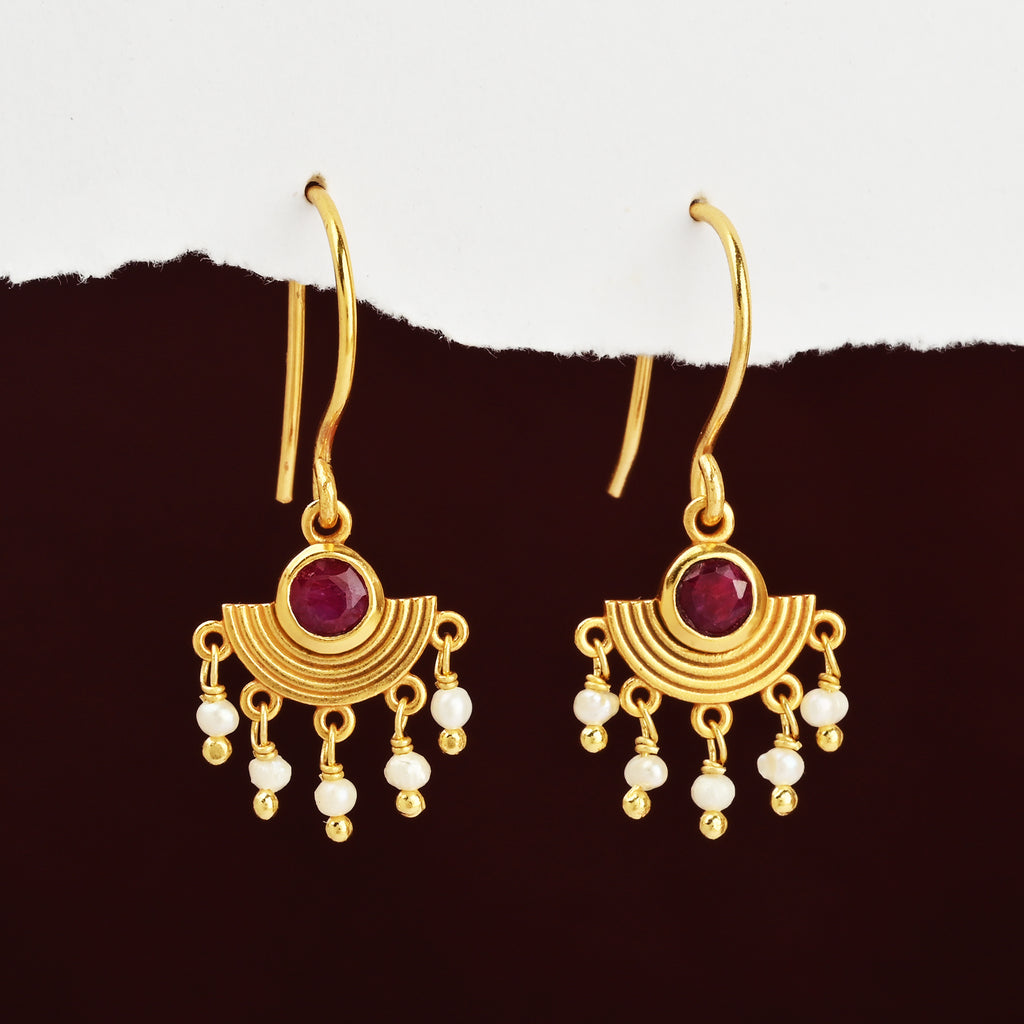 Art Deco Ruby & Pearl Chandelier Hook Earrings