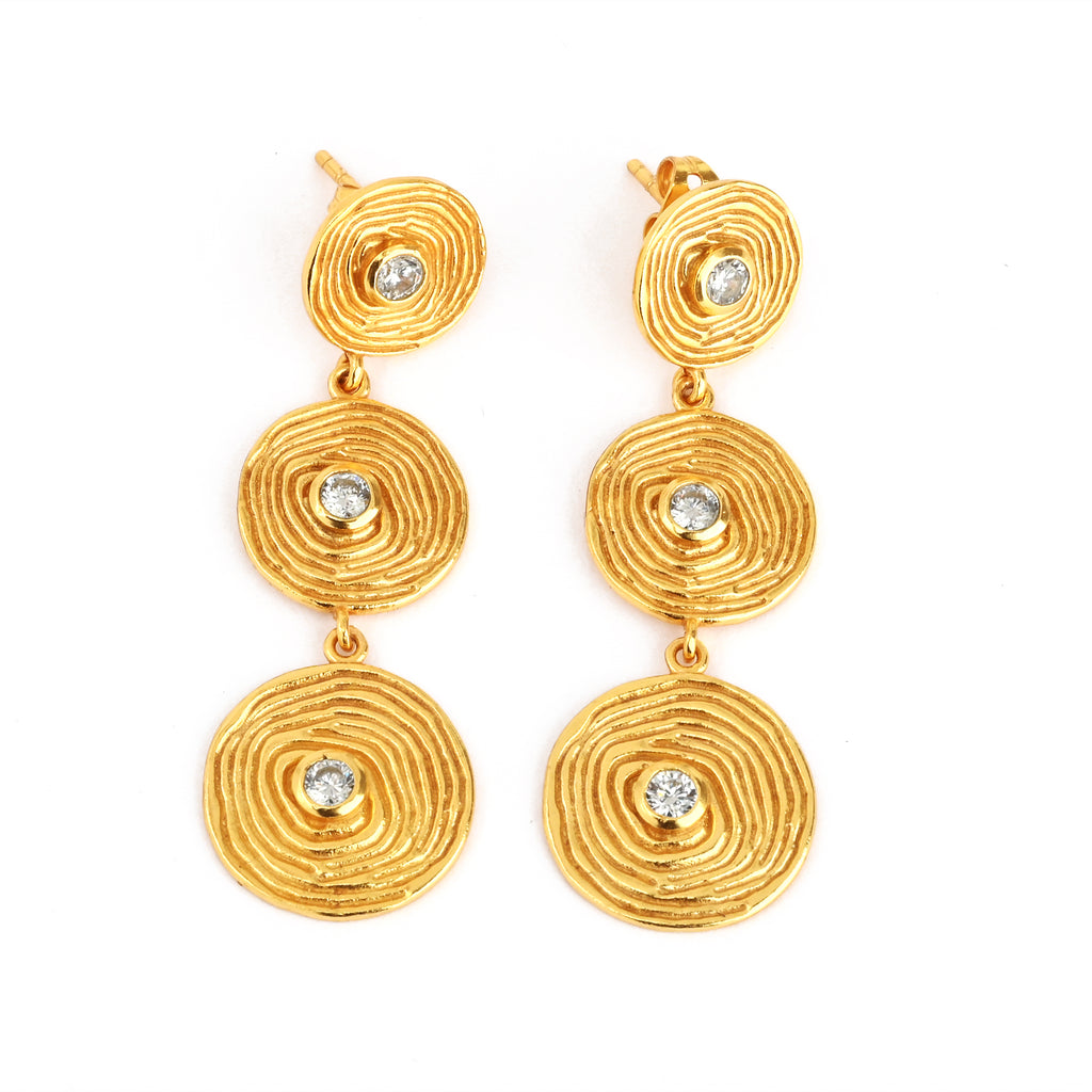 Triple Tier Gold Swirl Drop Earrings with Crystal Accents
