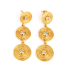 Triple Tier Gold Swirl Drop Earrings with Crystal Accents