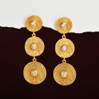 Triple Tier Gold Swirl Drop Earrings with Crystal Accents