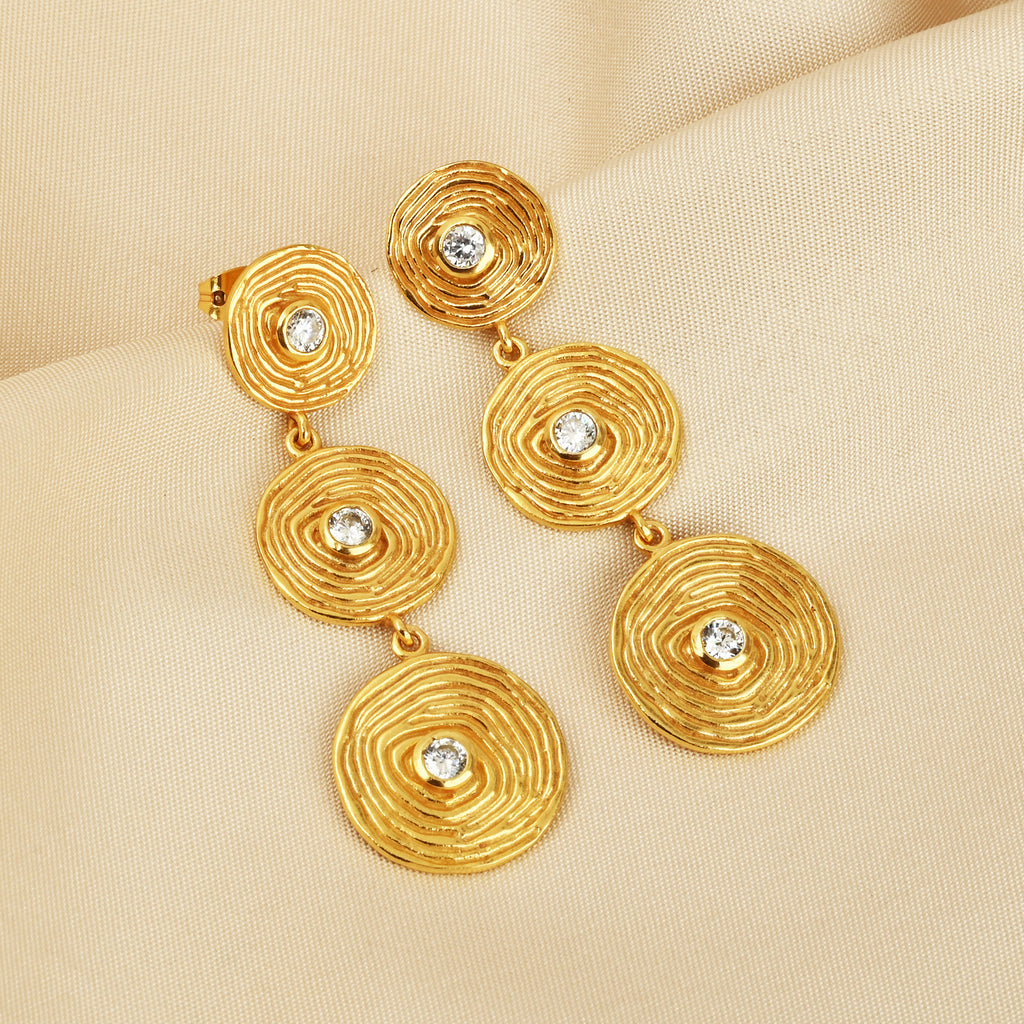 Triple Tier Gold Swirl Drop Earrings with Crystal Accents