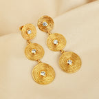 Triple Tier Gold Swirl Drop Earrings with Crystal Accents