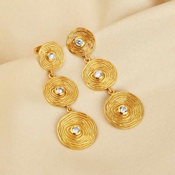 Triple Tier Gold Swirl Drop Earrings with Crystal Accents