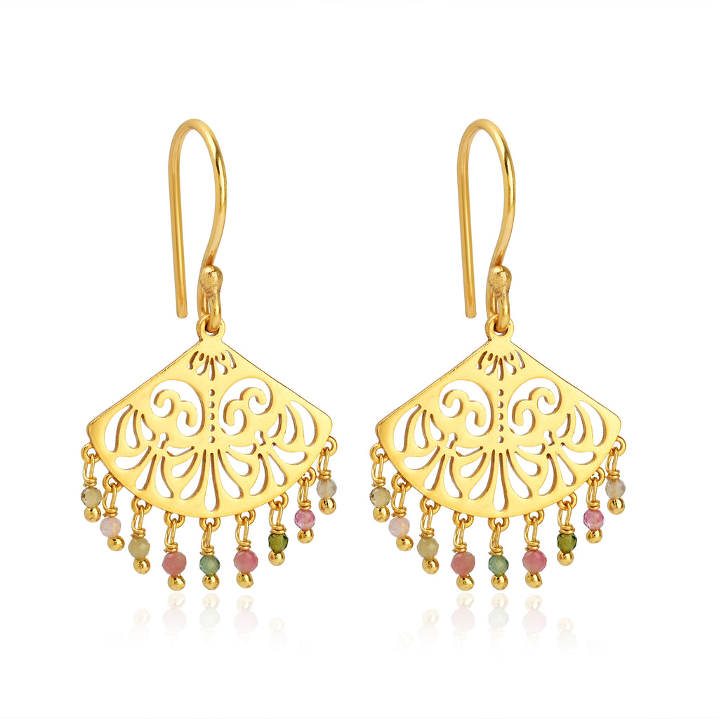 Filigree Fan Drop Earrings with Multicolor Tourmaline Beads
