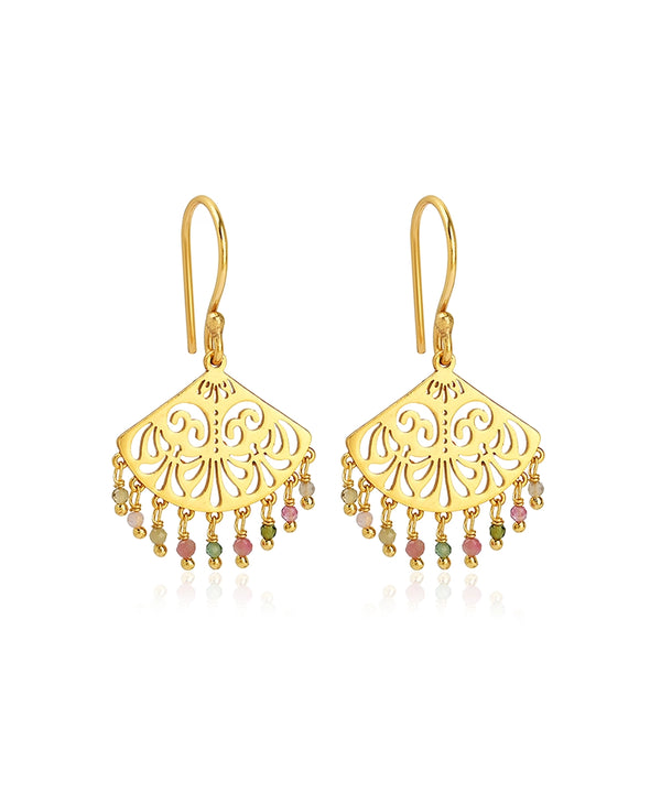 Filigree Fan Drop Earrings with Multicolor Tourmaline Beads
