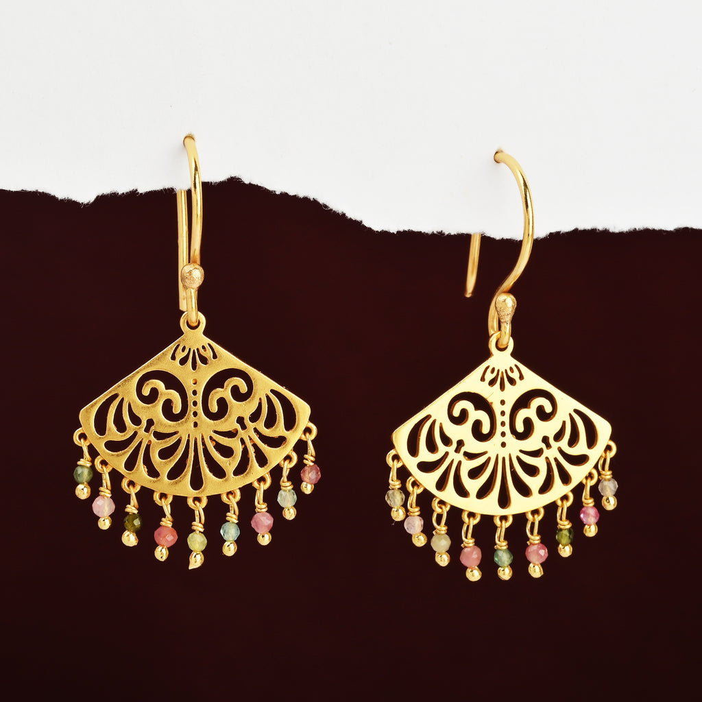 Filigree Fan Drop Earrings with Multicolor Tourmaline Beads