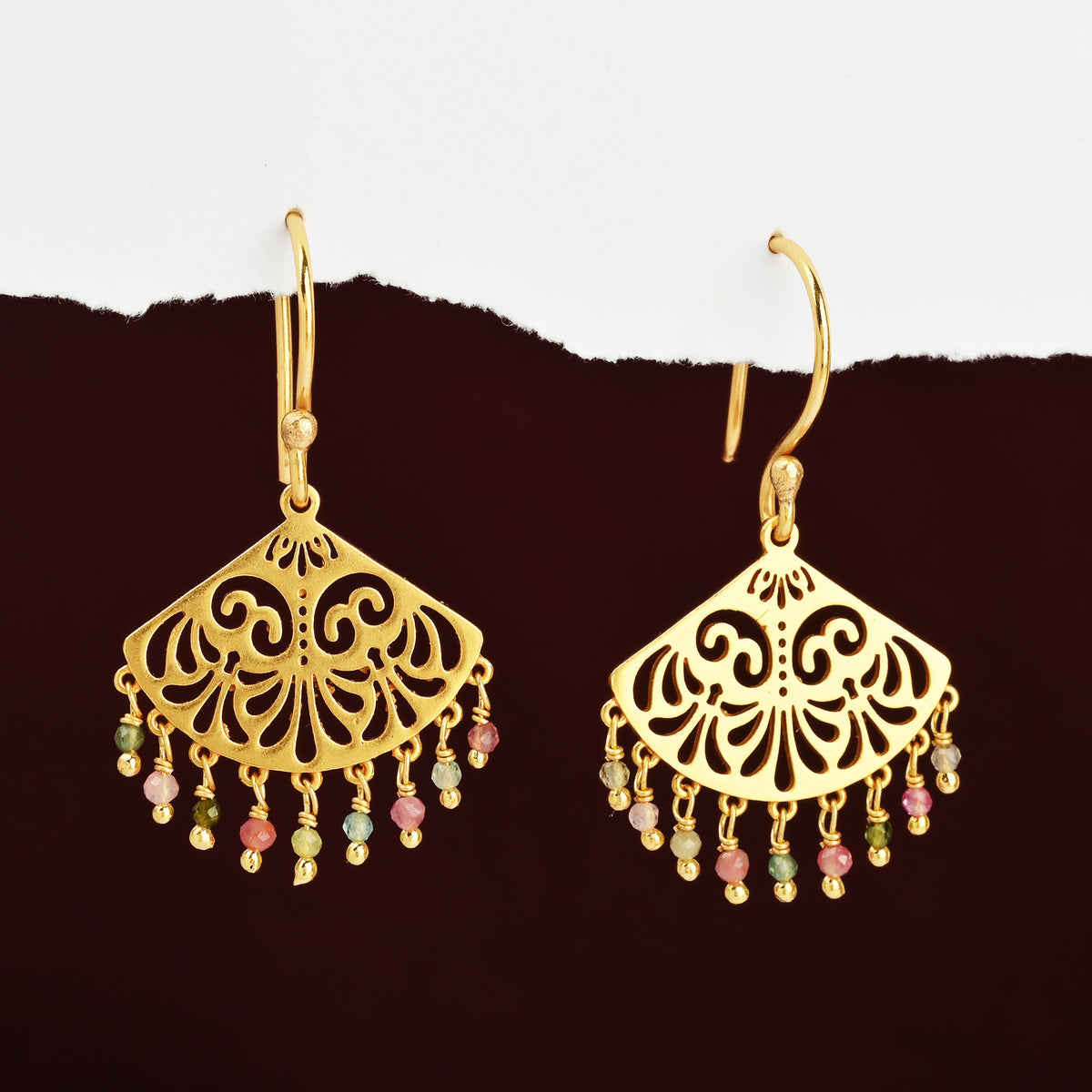 Filigree Fan Drop Earrings with Multicolor Tourmaline Beads