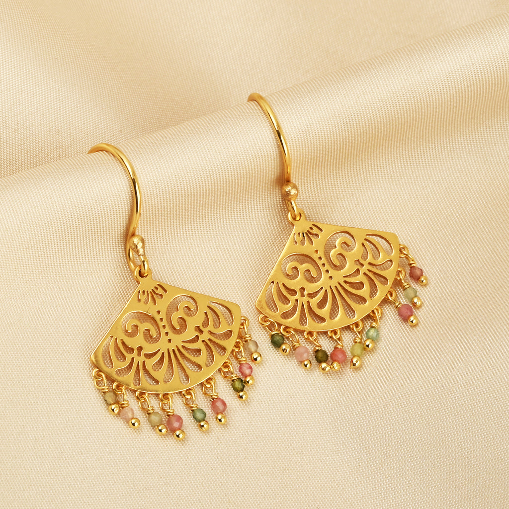 Filigree Fan Drop Earrings with Multicolor Tourmaline Beads