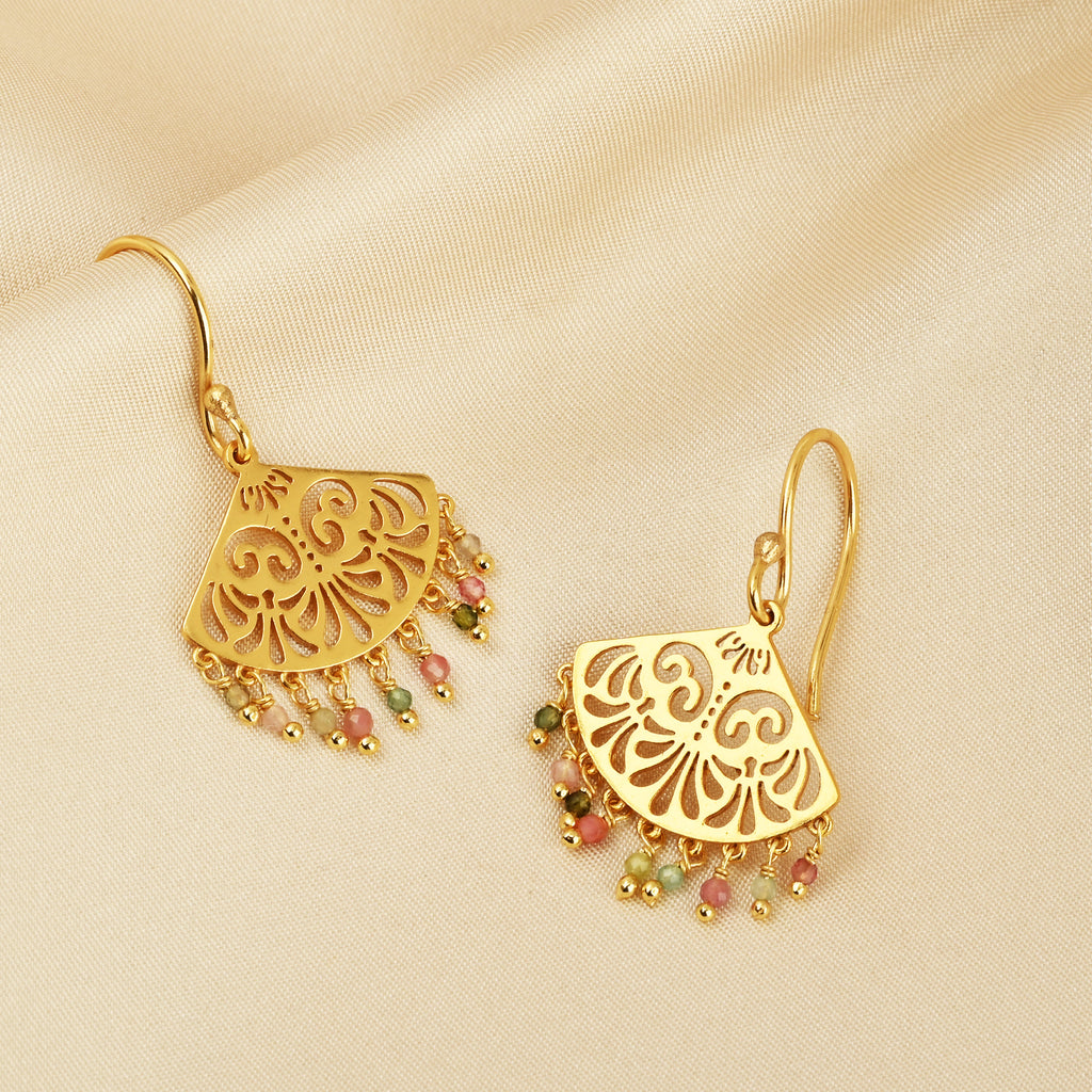Filigree Fan Drop Earrings with Multicolor Tourmaline Beads