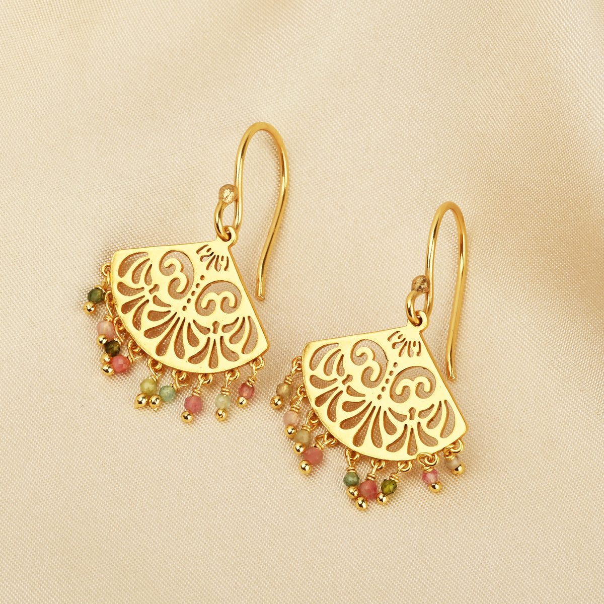 Filigree Fan Drop Earrings with Multicolor Tourmaline Beads