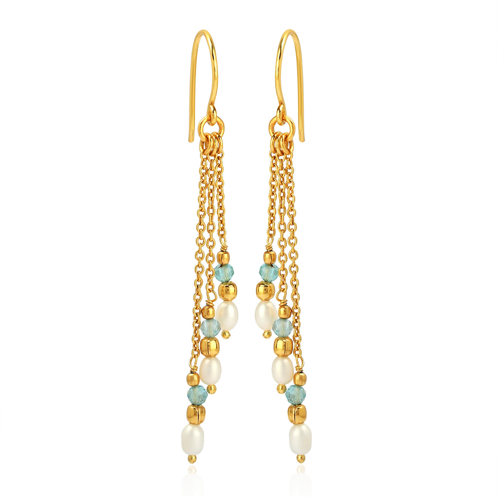 Triple Strand Gold Drop Earrings with Pearl & Light Blue Gemstone Beads