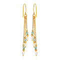 Triple Strand Gold Drop Earrings with Pearl & Light Blue Gemstone Beads
