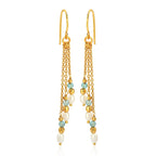 Triple Strand Gold Drop Earrings with Pearl & Light Blue Gemstone Beads