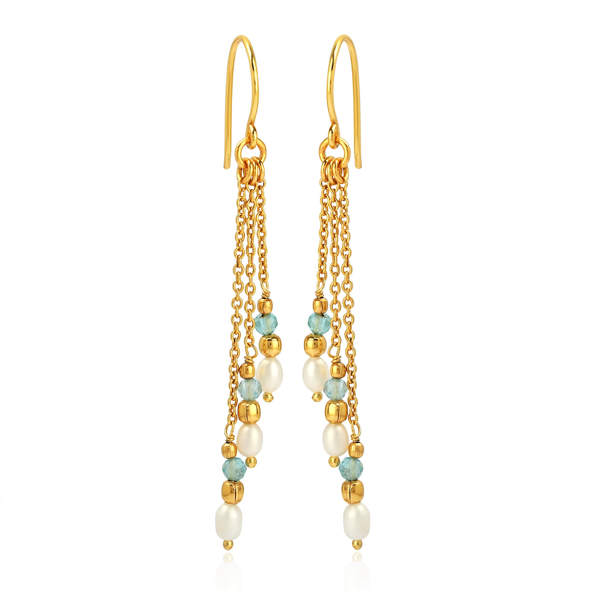 Triple Strand Gold Drop Earrings with Pearl & Light Blue Gemstone Beads