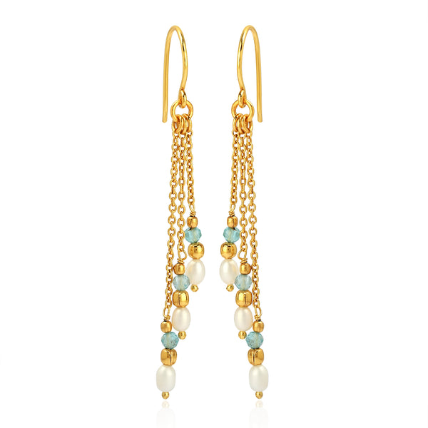 Triple Strand Gold Drop Earrings with Pearl & Light Blue Gemstone Beads