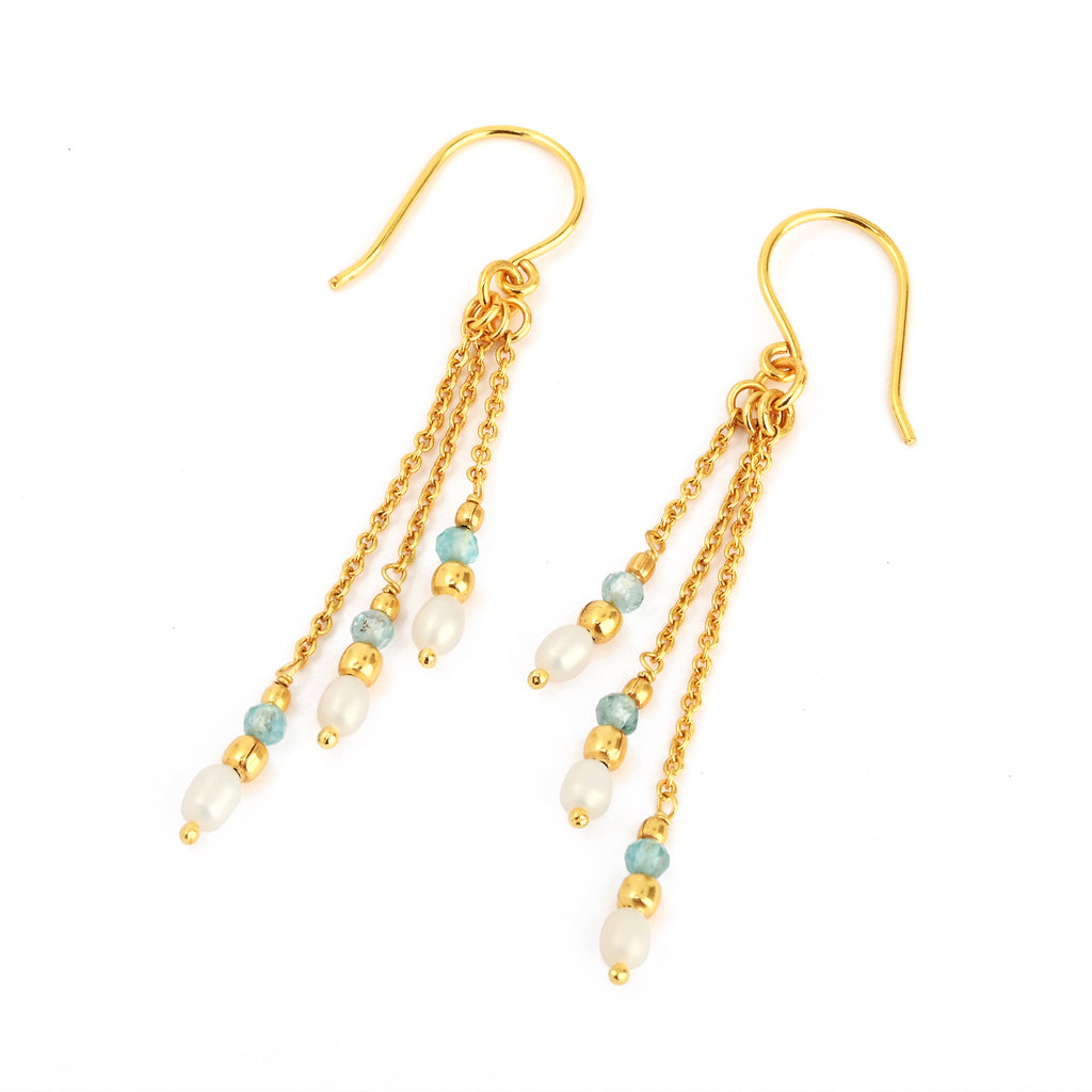 Triple Strand Gold Drop Earrings with Pearl & Light Blue Gemstone Beads