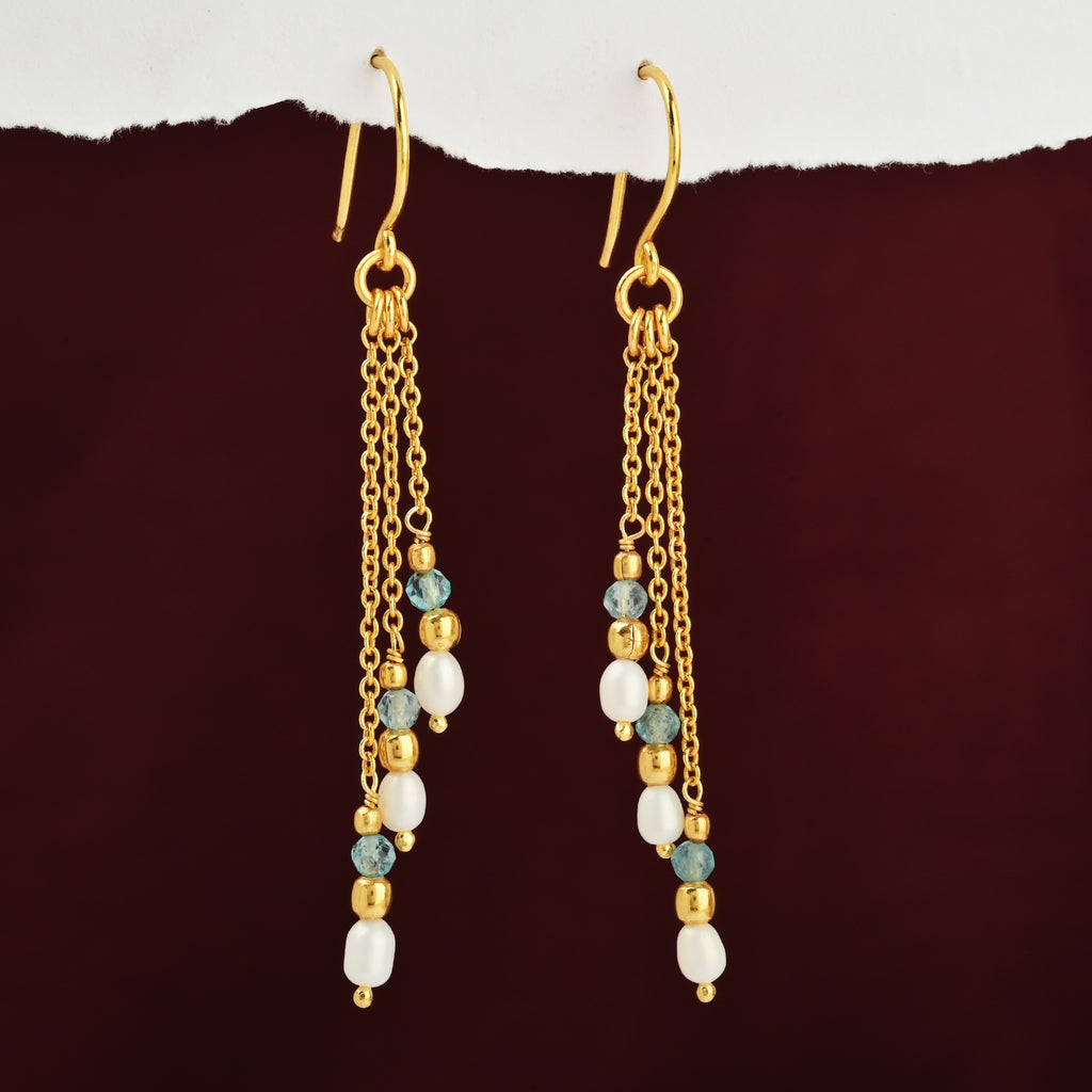 Triple Strand Gold Drop Earrings with Pearl & Light Blue Gemstone Beads