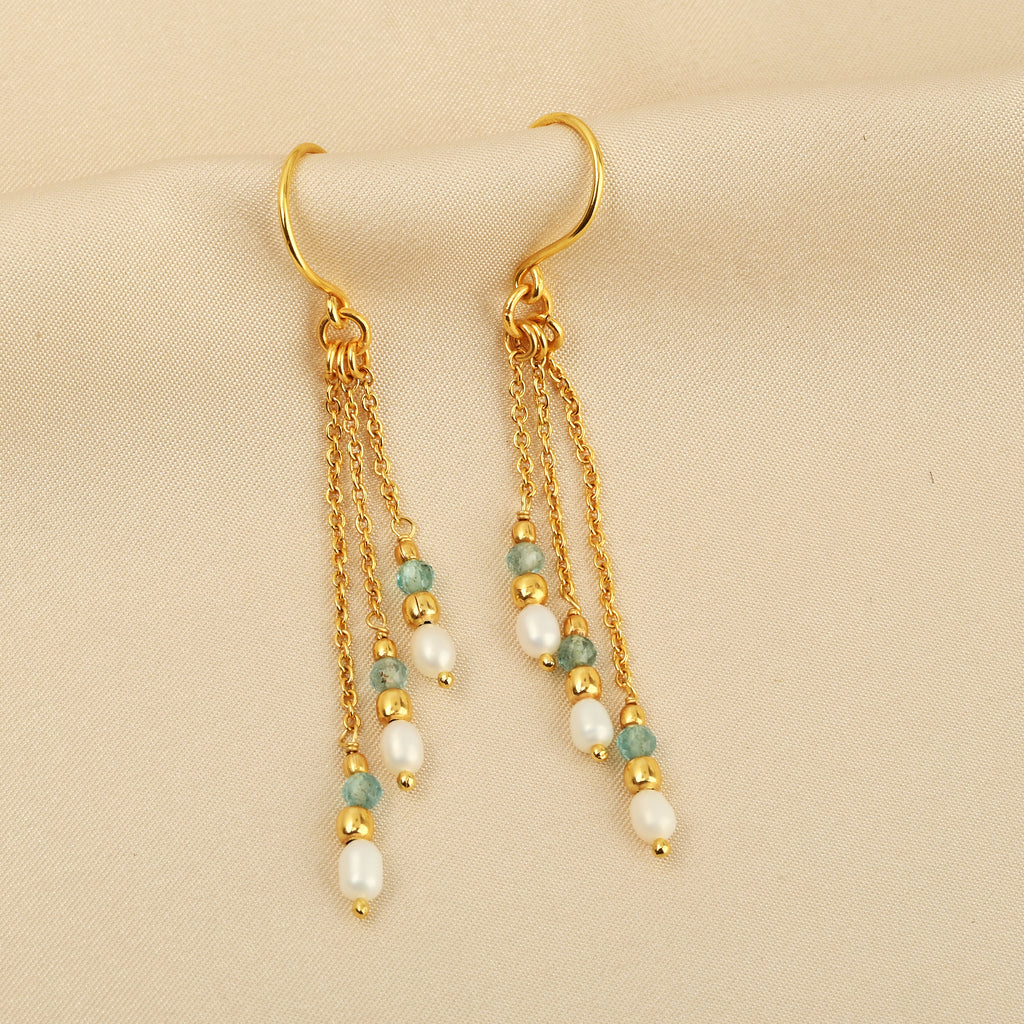 Triple Strand Gold Drop Earrings with Pearl & Light Blue Gemstone Beads