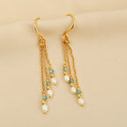 Triple Strand Gold Drop Earrings with Pearl & Light Blue Gemstone Beads