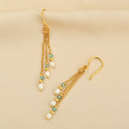 Triple Strand Gold Drop Earrings with Pearl & Light Blue Gemstone Beads