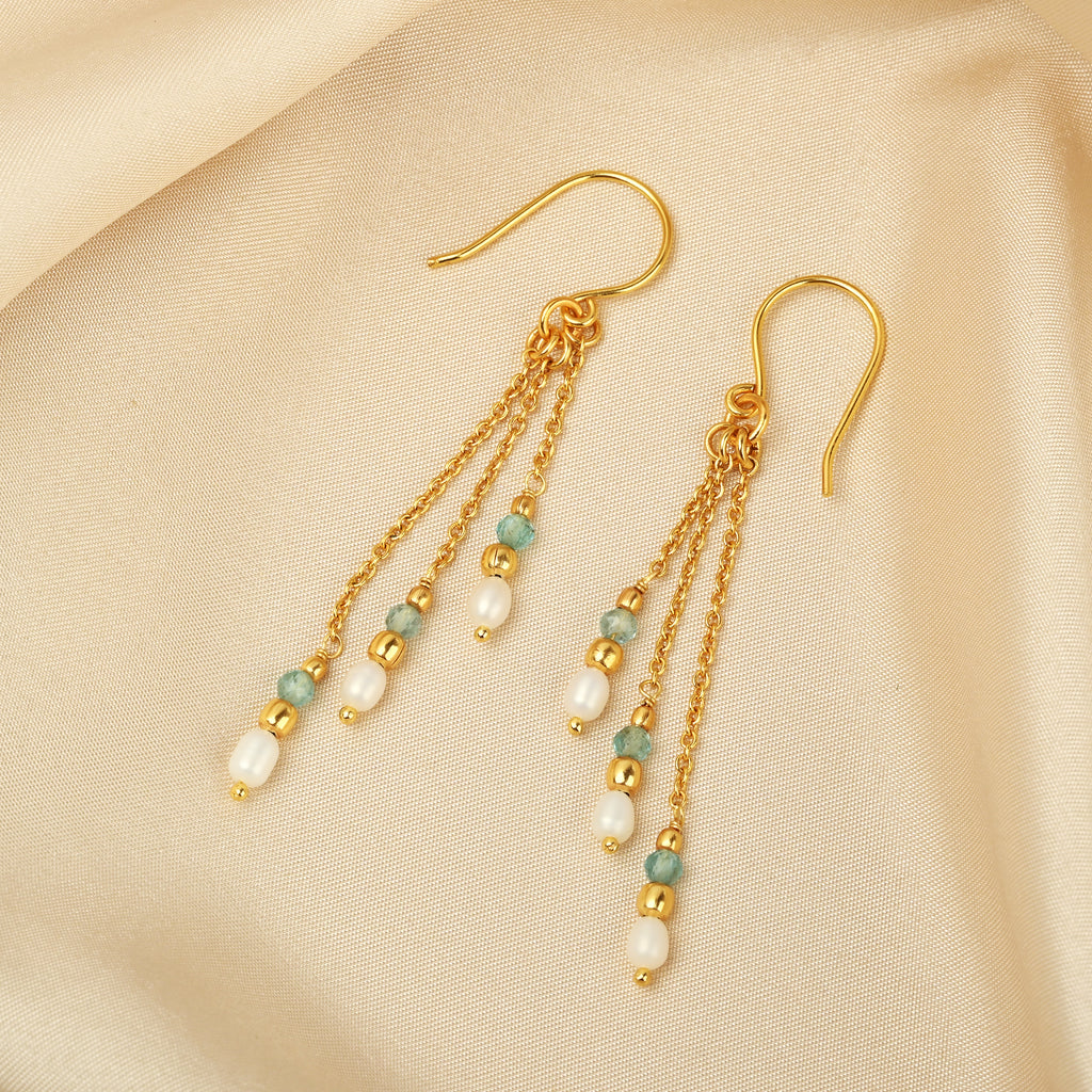 Triple Strand Gold Drop Earrings with Pearl & Light Blue Gemstone Beads