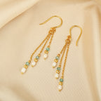 Triple Strand Gold Drop Earrings with Pearl & Light Blue Gemstone Beads