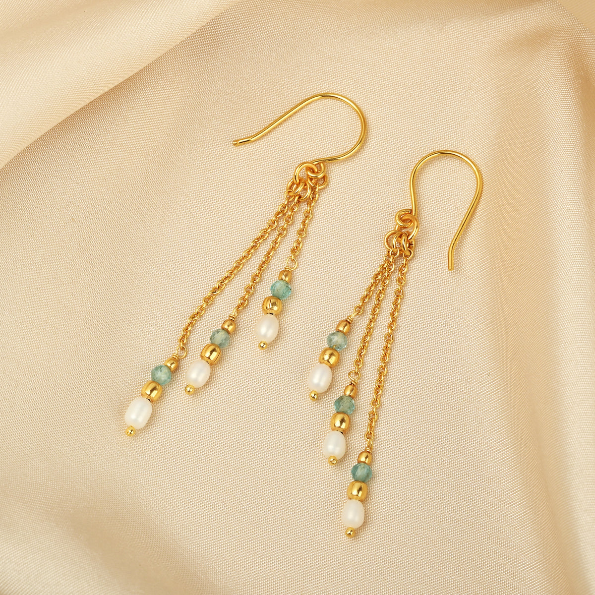 Triple Strand Gold Drop Earrings with Pearl & Light Blue Gemstone Beads