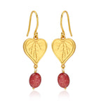 Botanical Heart Leaf Gold Earrings with Strawberry Quartz Drops