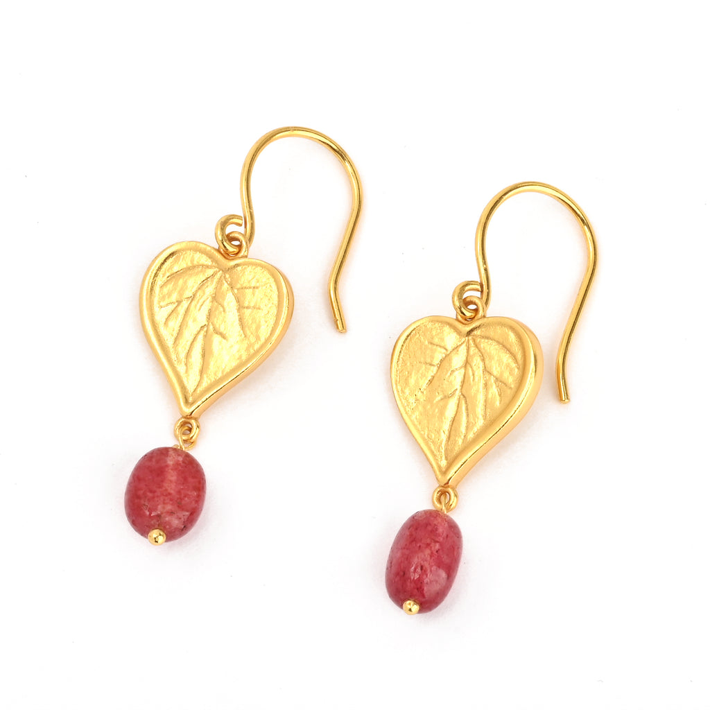 Botanical Heart Leaf Gold Earrings with Strawberry Quartz Drops