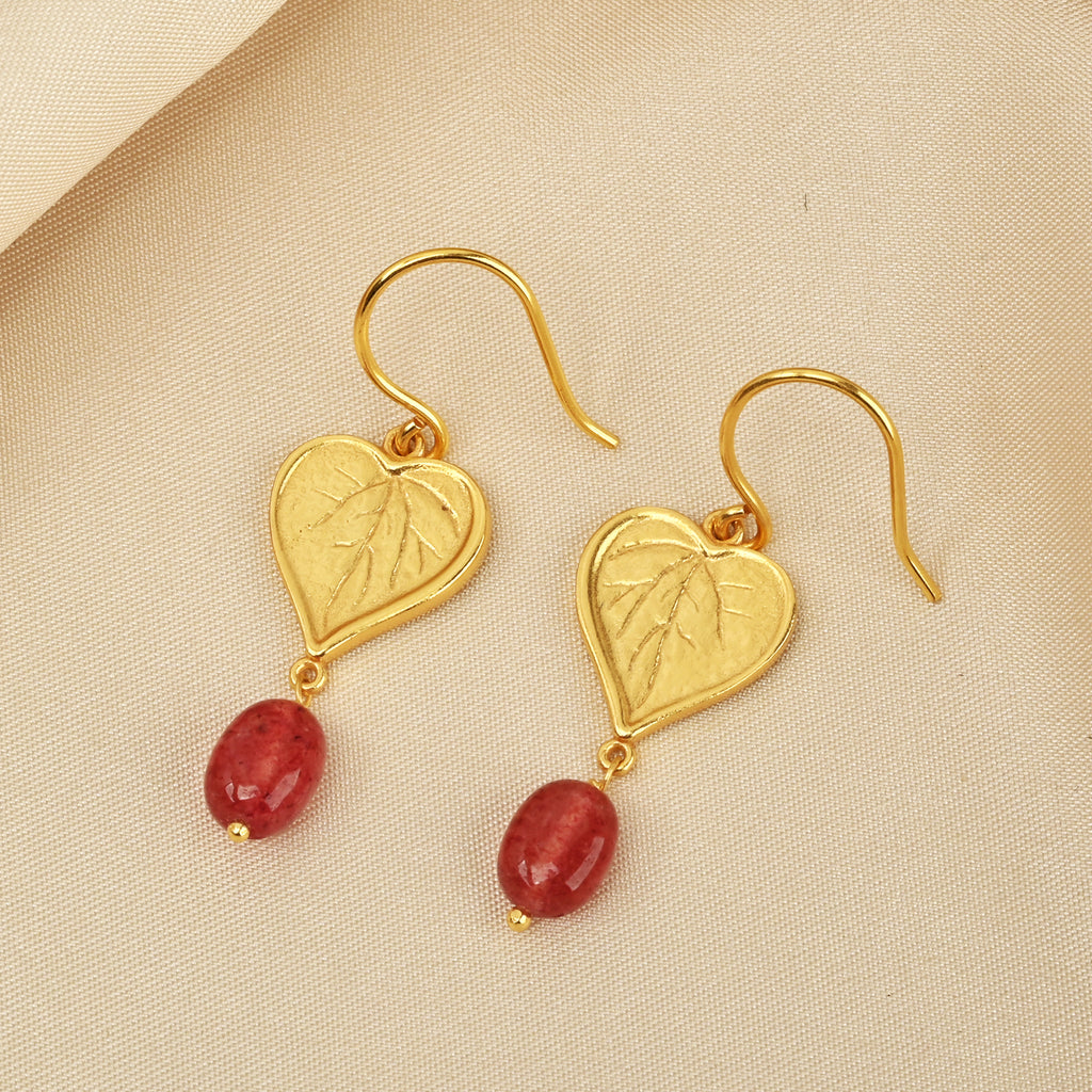 Botanical Heart Leaf Gold Earrings with Strawberry Quartz Drops