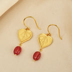 Botanical Heart Leaf Gold Earrings with Strawberry Quartz Drops
