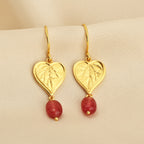 Botanical Heart Leaf Gold Earrings with Strawberry Quartz Drops