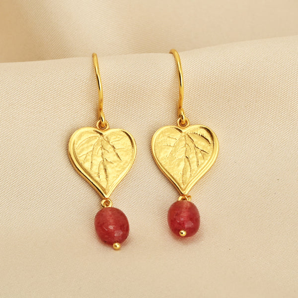 Botanical Heart Leaf Gold Earrings with Strawberry Quartz Drops