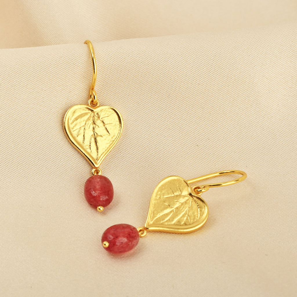 Botanical Heart Leaf Gold Earrings with Strawberry Quartz Drops