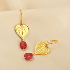 Botanical Heart Leaf Gold Earrings with Strawberry Quartz Drops