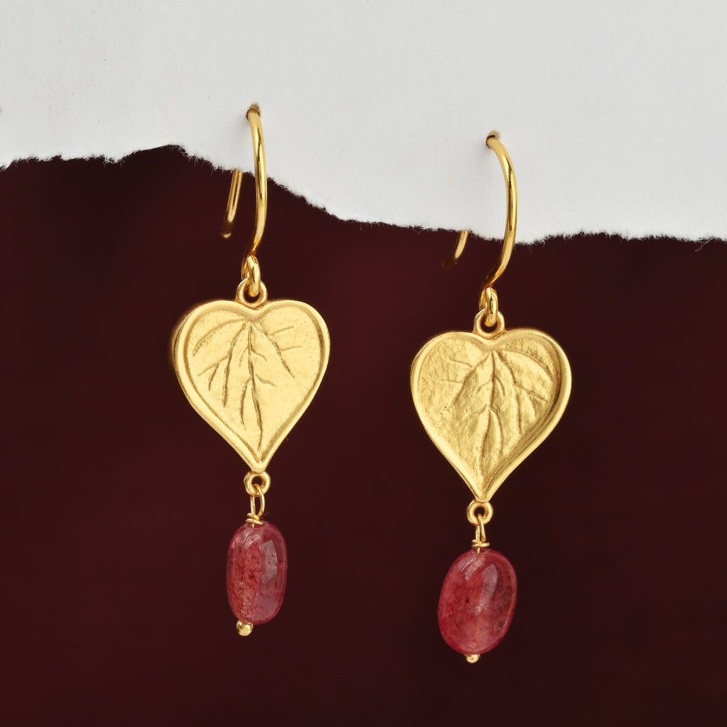 Botanical Heart Leaf Gold Earrings with Strawberry Quartz Drops