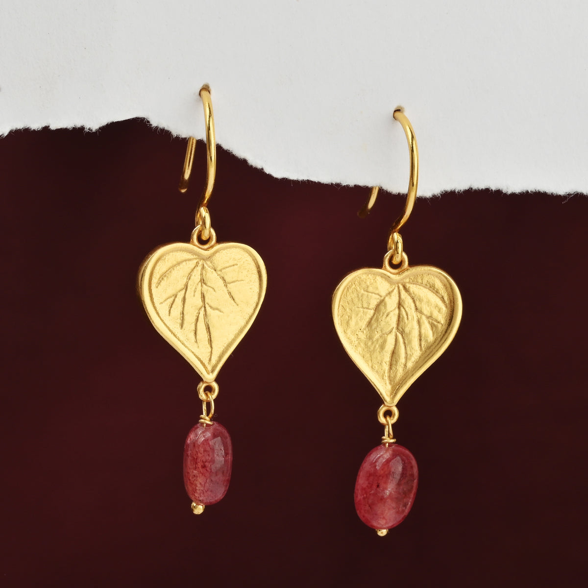 Botanical Heart Leaf Gold Earrings with Strawberry Quartz Drops