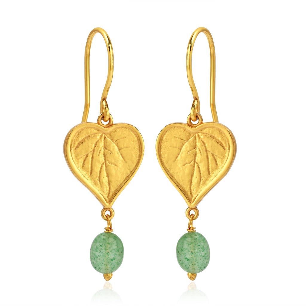 Botanical Heart Leaf Gold Earrings with Strawberry Quartz Drops