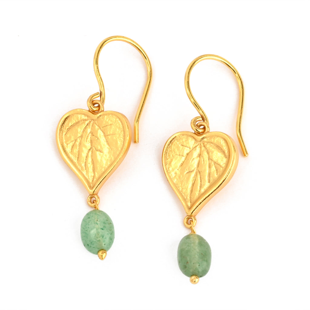 Botanical Heart Leaf Gold Earrings with Strawberry Quartz Drops