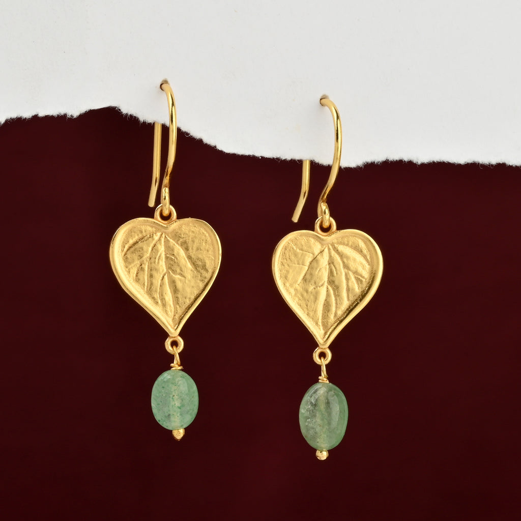 Botanical Heart Leaf Gold Earrings with Strawberry Quartz Drops