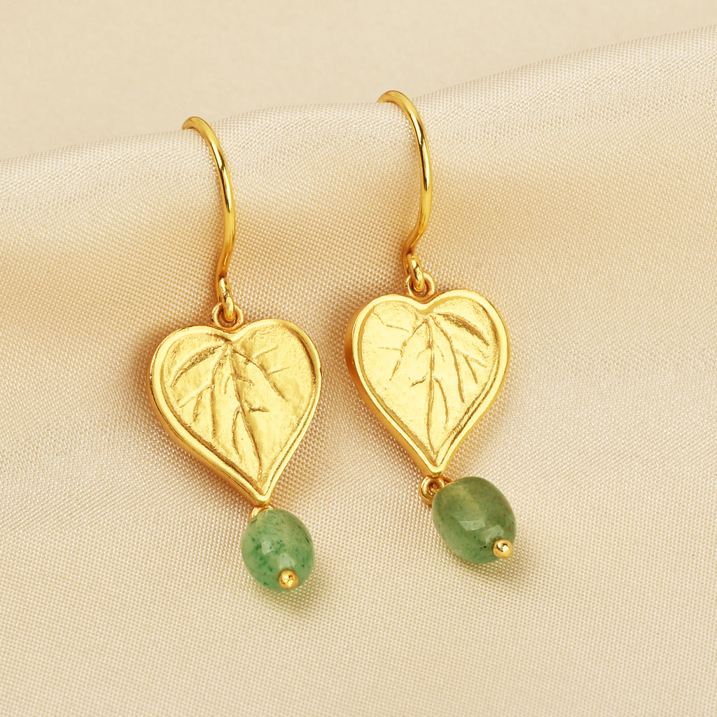 Botanical Heart Leaf Gold Earrings with Strawberry Quartz Drops