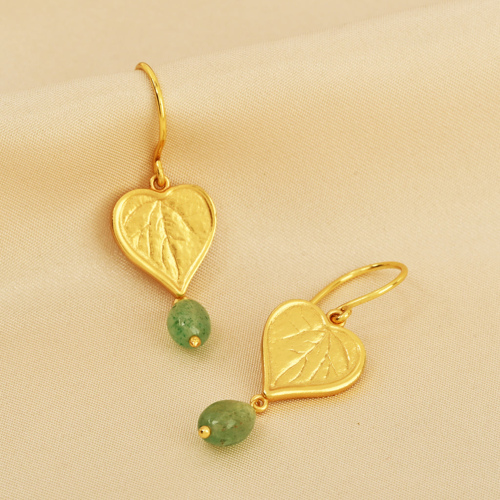 Botanical Heart Leaf Gold Earrings with Strawberry Quartz Drops