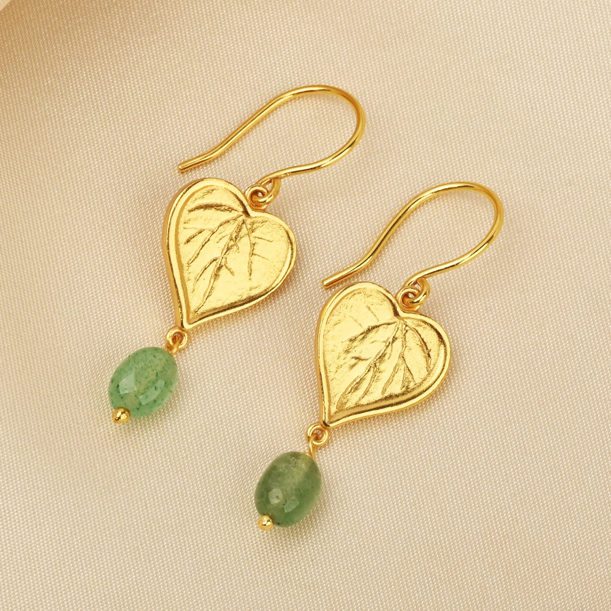 Botanical Heart Leaf Gold Earrings with Strawberry Quartz Drops