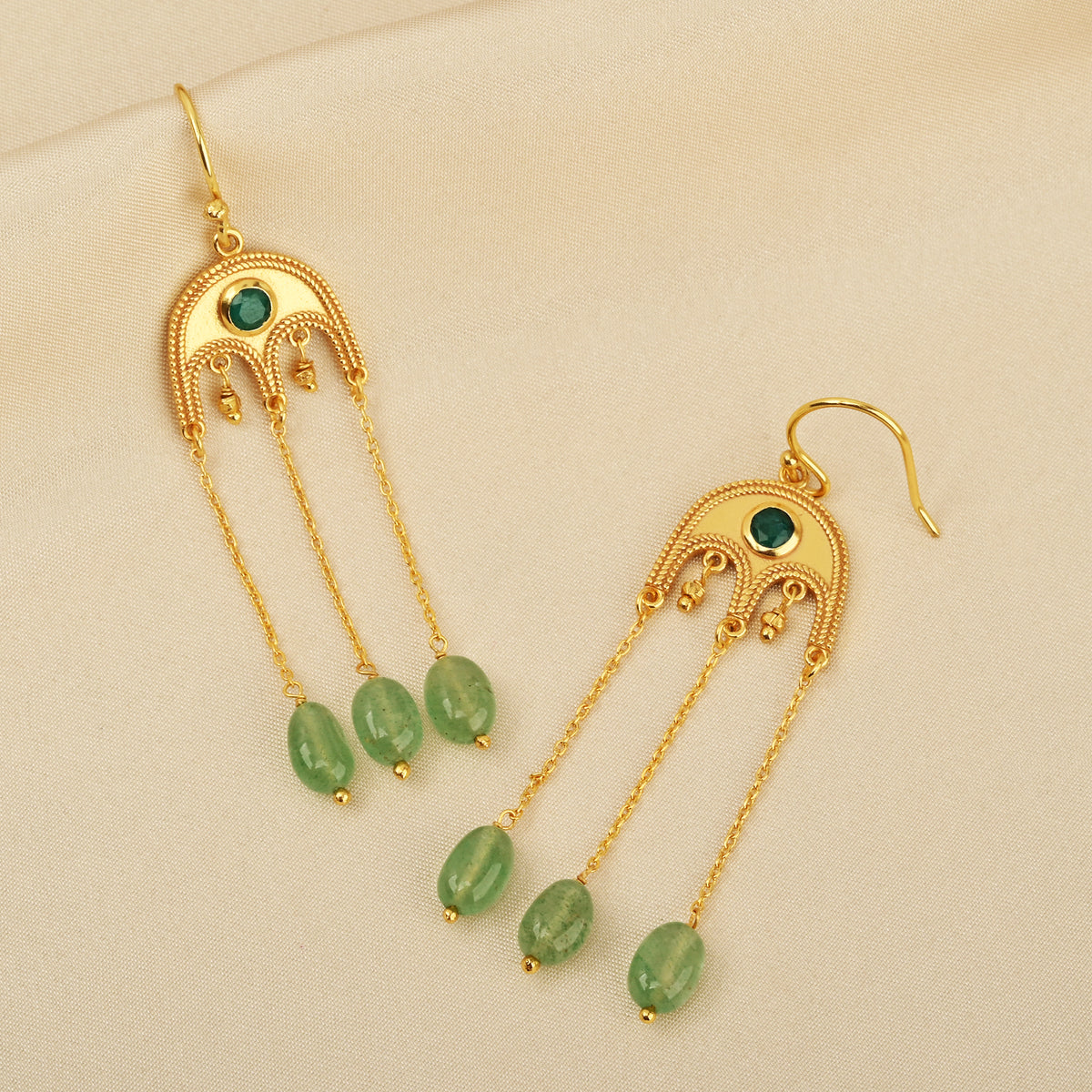 Gold-Plated Emerald & Green Quartz Drop Earrings