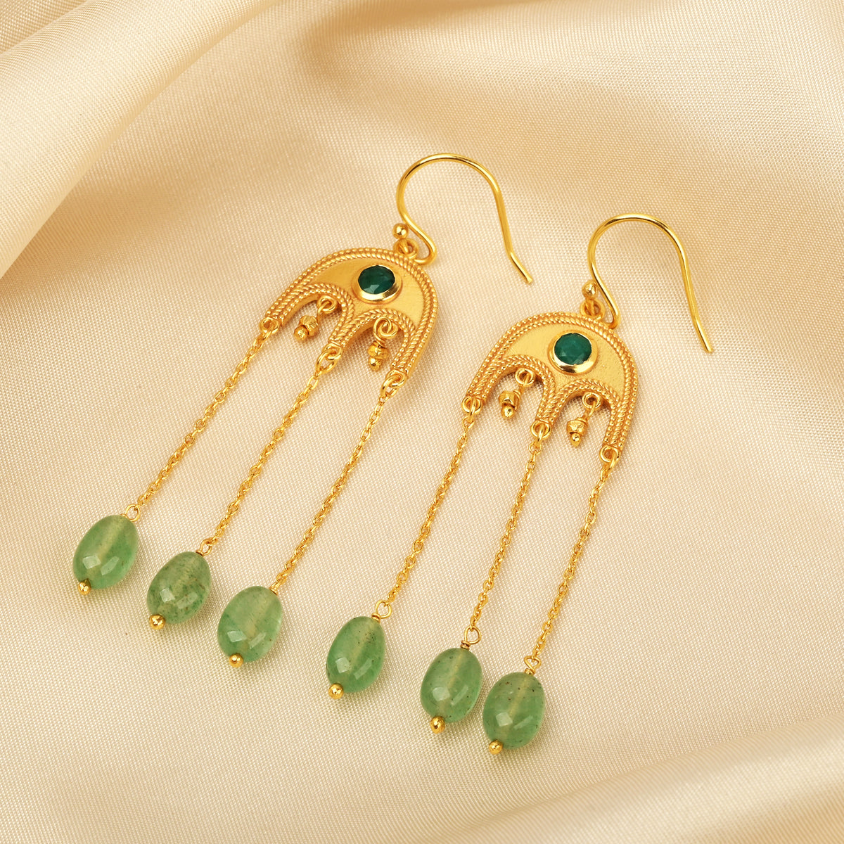 Gold-Plated Emerald & Green Quartz Drop Earrings