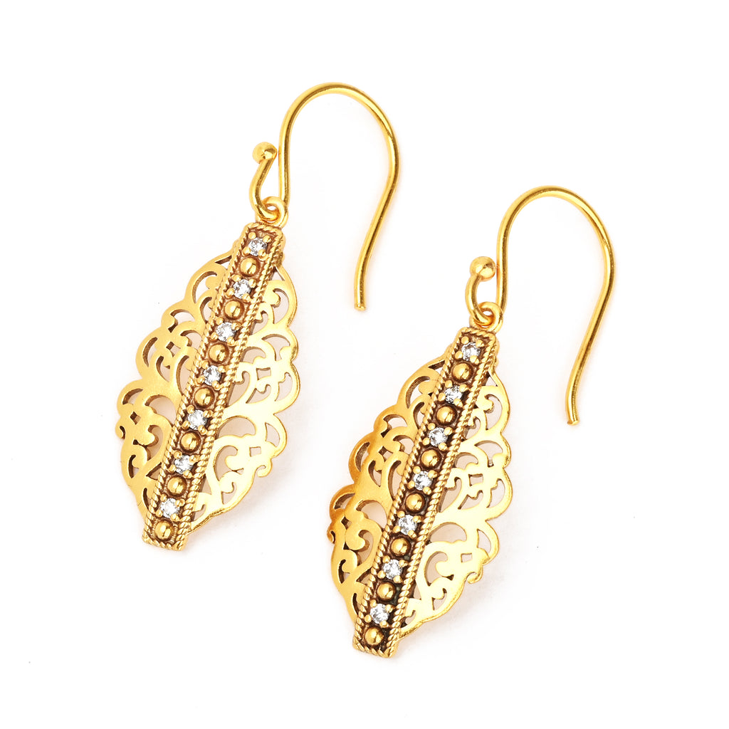 Gold-Plated Filigree Marquise Drop Earrings with Blue Sapphire CZ