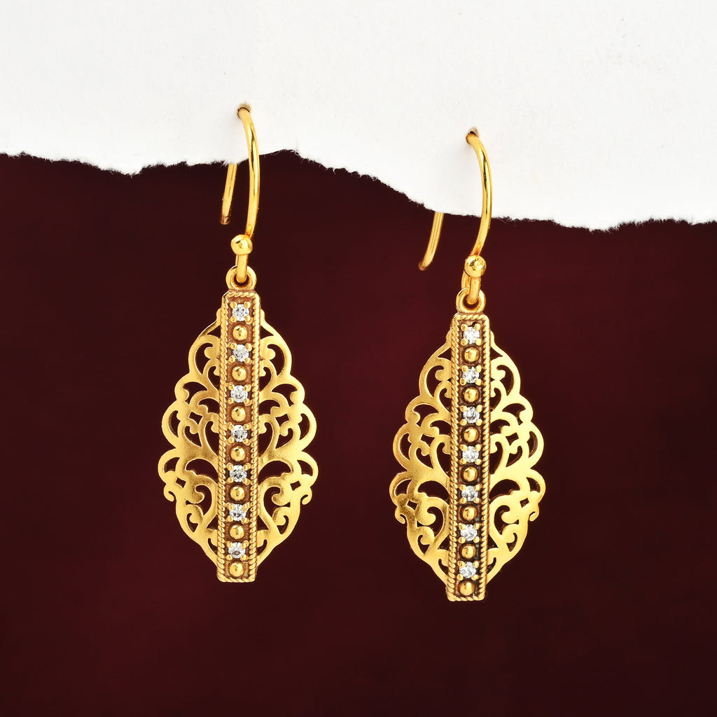 Gold-Plated Filigree Marquise Drop Earrings with Blue Sapphire CZ