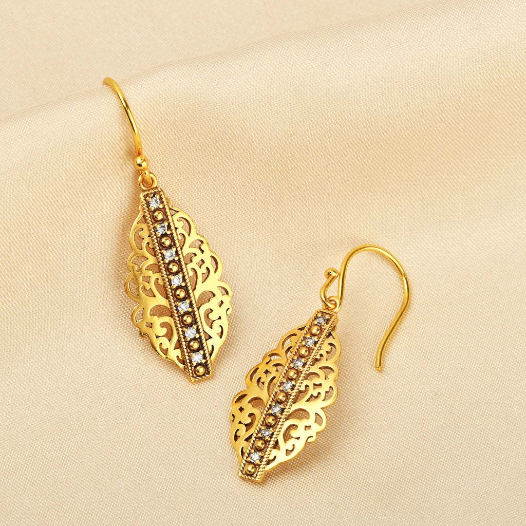 Gold-Plated Filigree Marquise Drop Earrings with Blue Sapphire CZ