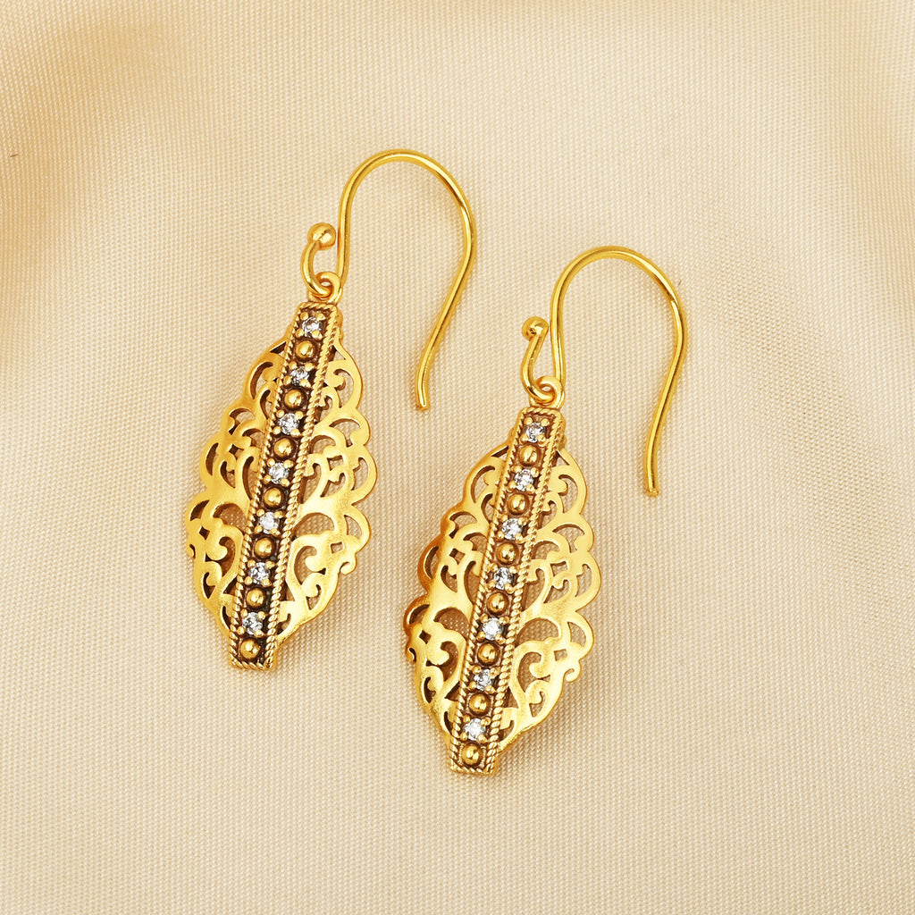Gold-Plated Filigree Marquise Drop Earrings with Blue Sapphire CZ